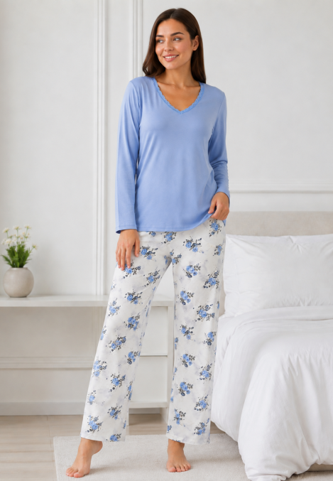 Pijama de damă cu bluză cu maneca lunga și pantaloni lung -Bleu,Engros